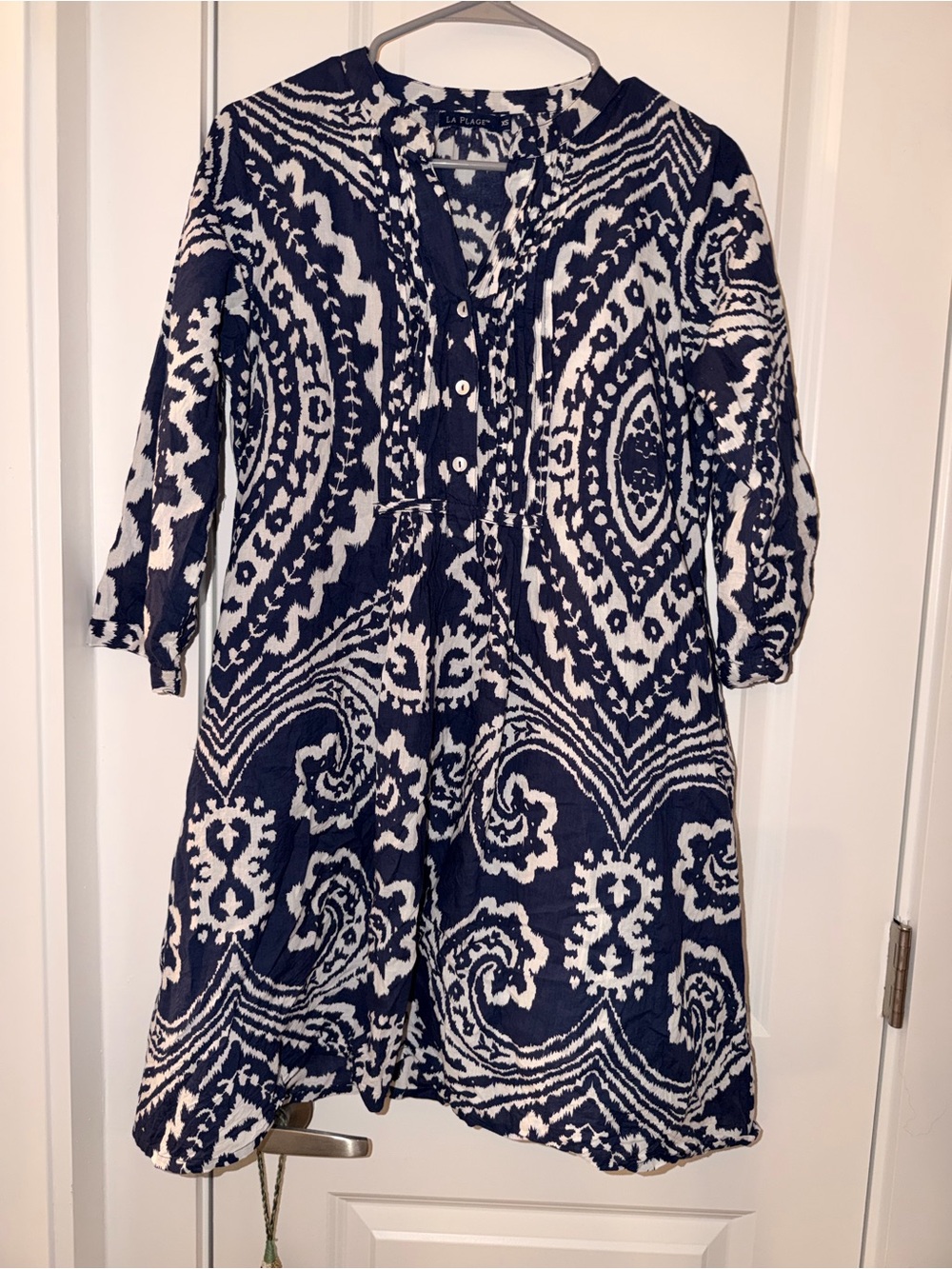 La Plage Navy & White Printed Midi Dress with Button Placket